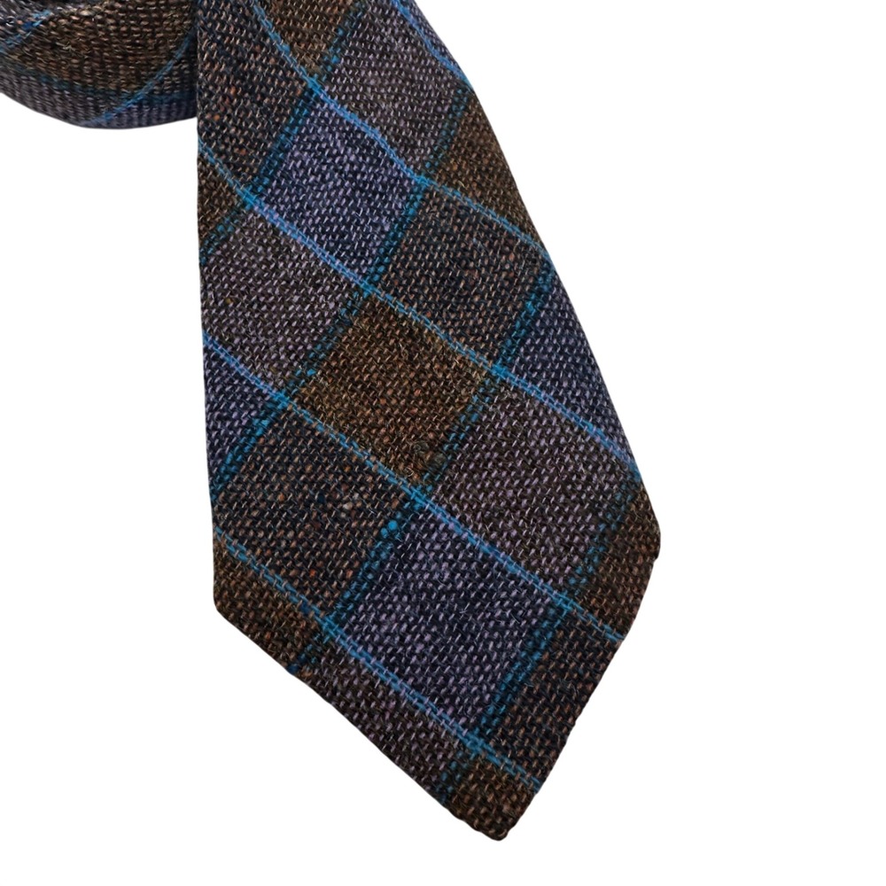 Vintage Irish Pure Wool Handmade Tie Plaid Tweed Brown Purple Blue Ireland